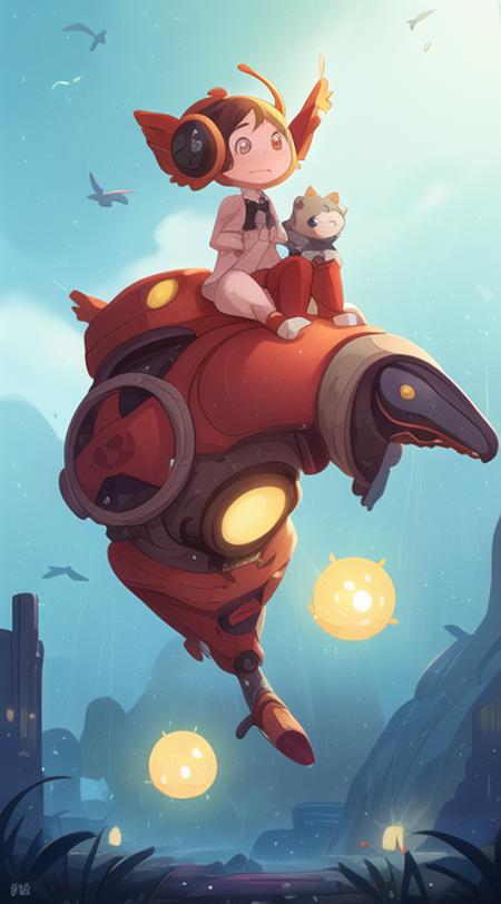 04779-1026754882-baozi,_a robot and a girl are flying in a Whales with a dog on it and a cat on the box, __leaves, Whales, robots, riding, flying.png